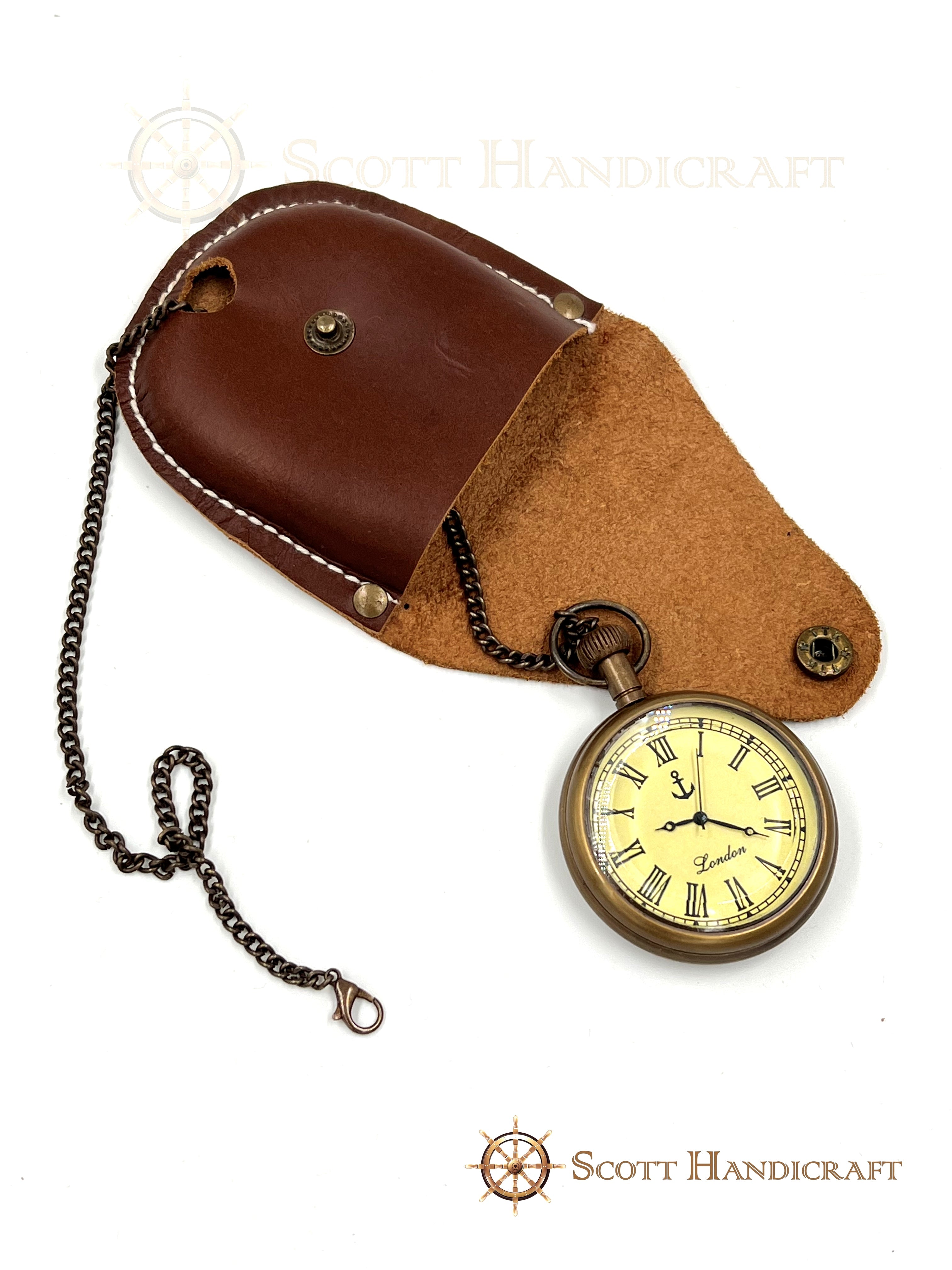 Victoria London Antiqued Brass Pocket Watch with Leather Case - Antique Vintage Style