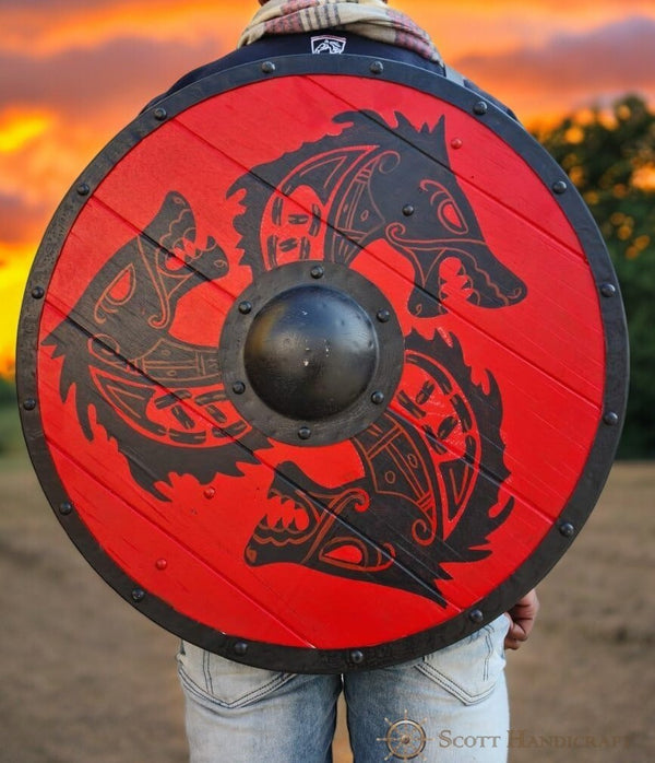 Fenrir Grey Wolf Authentic Battle worn Red Viking Shield by Scott Handicrafts