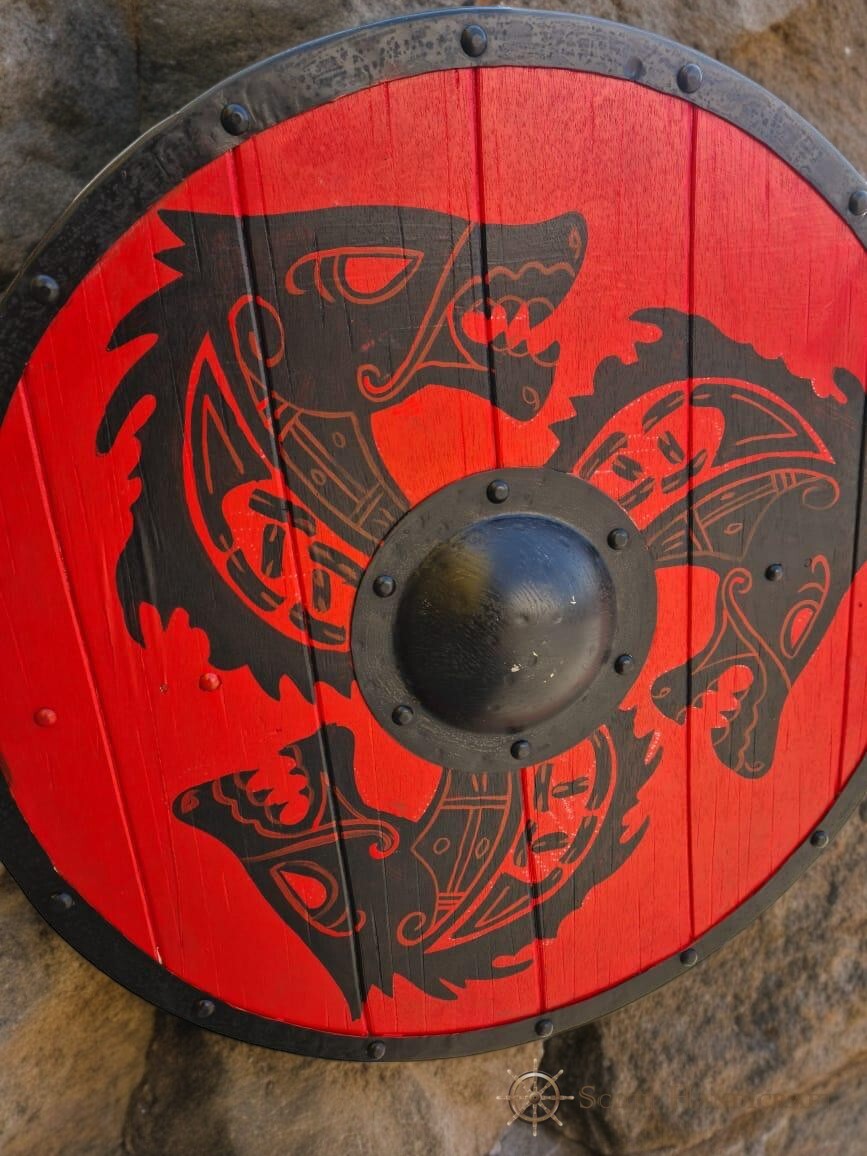 Fenrir Grey Wolf Authentic Battle worn Red Viking Shield by Scott Handicrafts