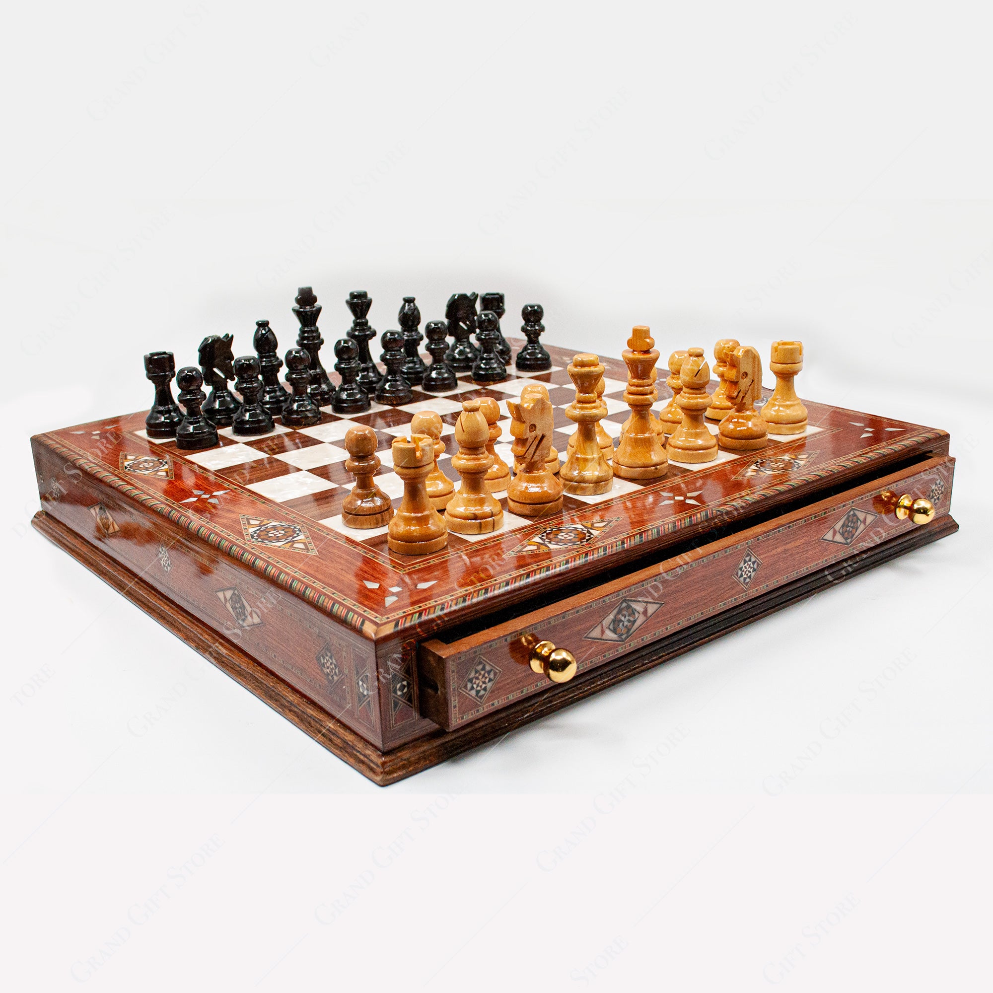 HANDMADE WOODEN CHESS SET WITH BOARD AND STORAGE DRAWERS