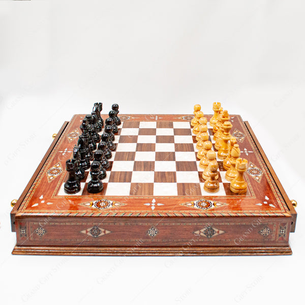 HANDMADE WOODEN CHESS SET WITH BOARD AND STORAGE DRAWERS