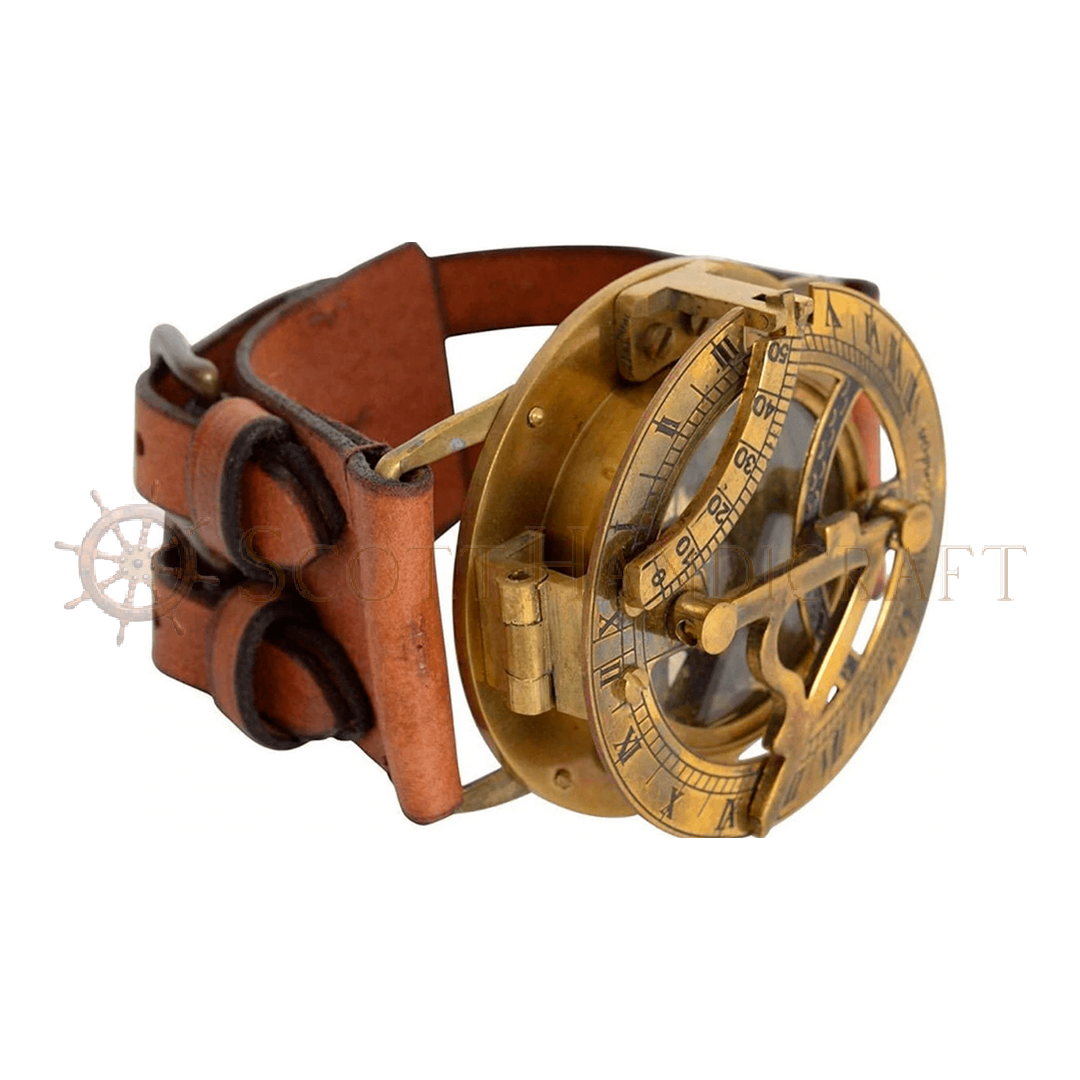 Brass Nautical Antique Steampunk Sundial Compass Wrist Watch W/Leather Bracelet.