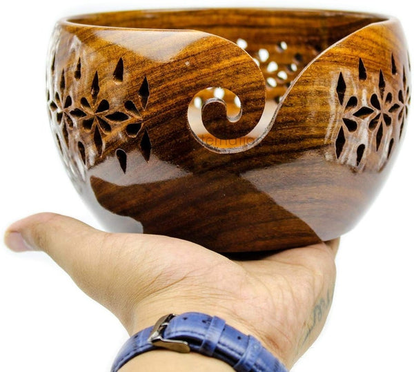 Rosewood Crafted Wooden Yarn Bowl with Carved Holes & Drills.