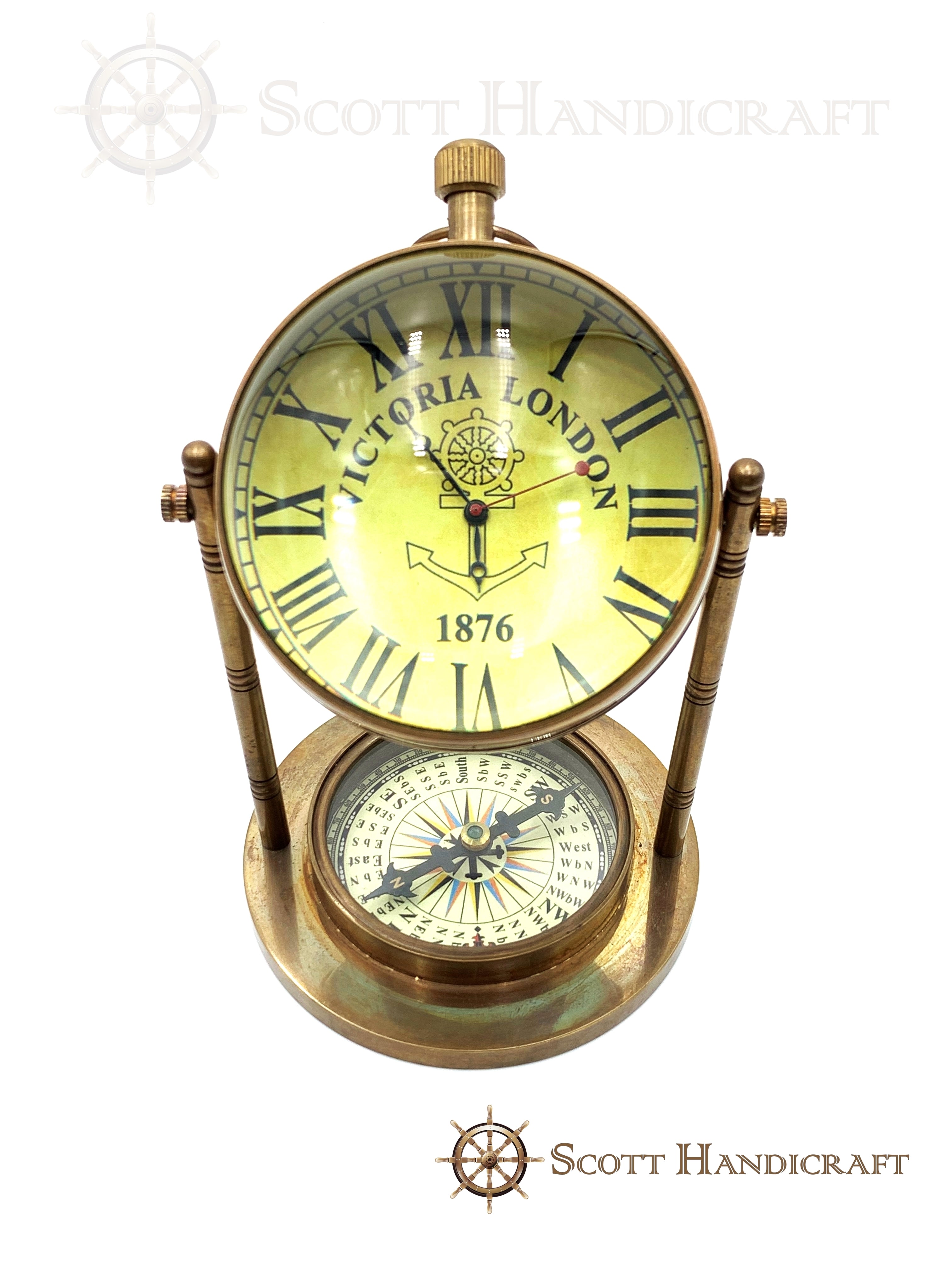 Antique Model Victorian London 1876 Old Style Brass Clock Watch with Compass Vintage Desk Table/Office Table Decor