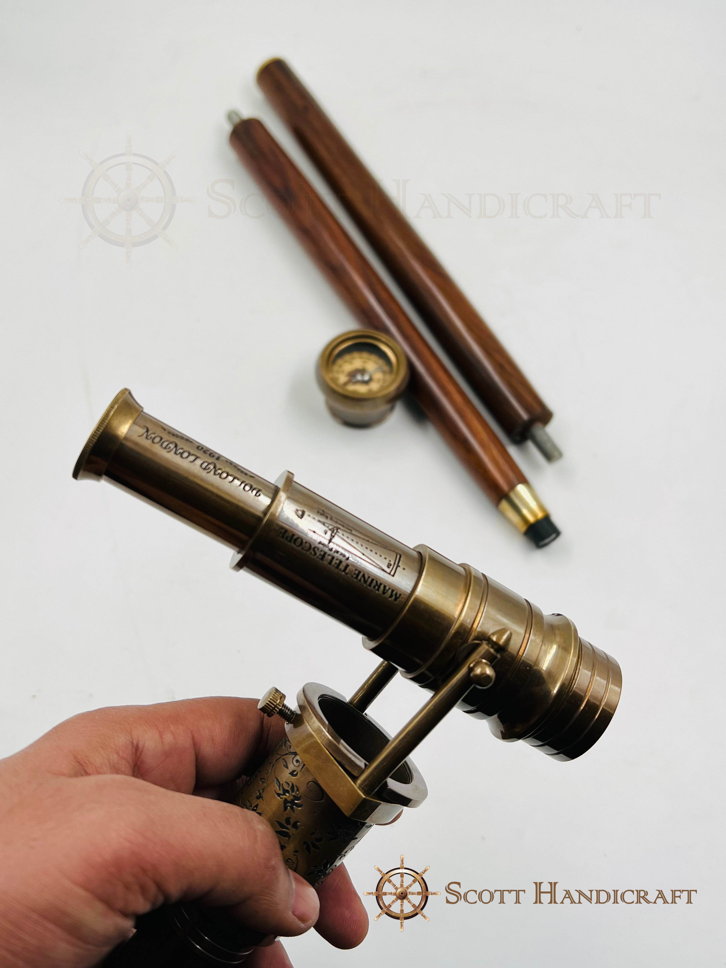 Brass Telescope & Compass Handle walking cane