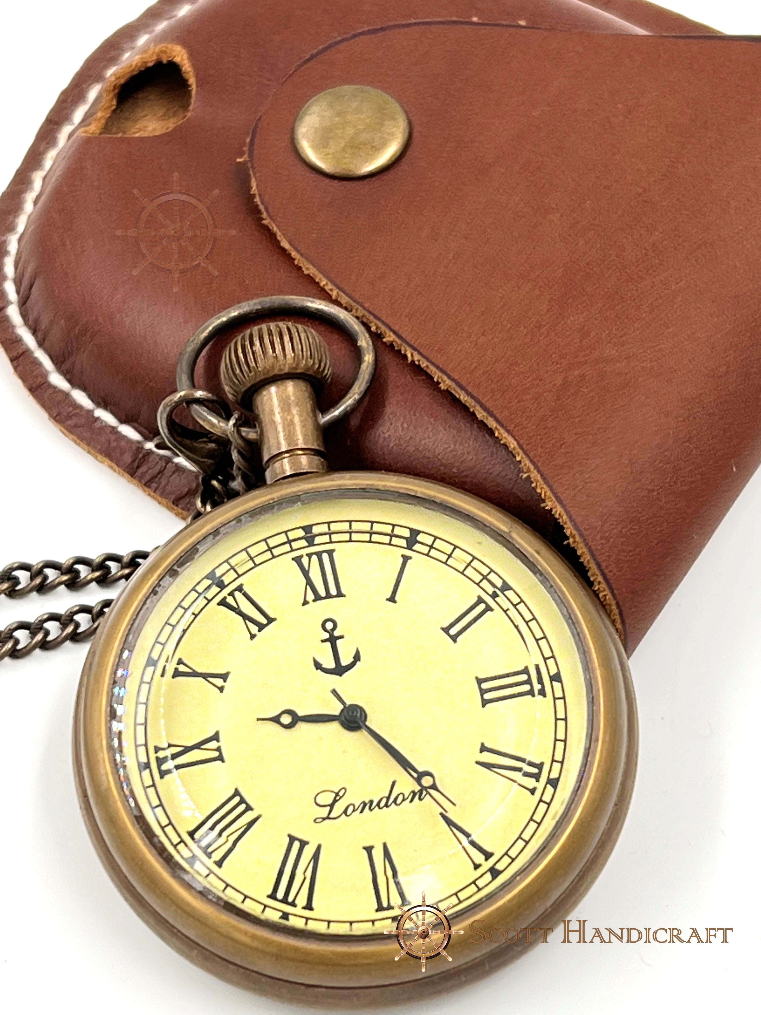 Victoria London Antiqued Brass Pocket Watch with Leather Case - Antique Vintage Style