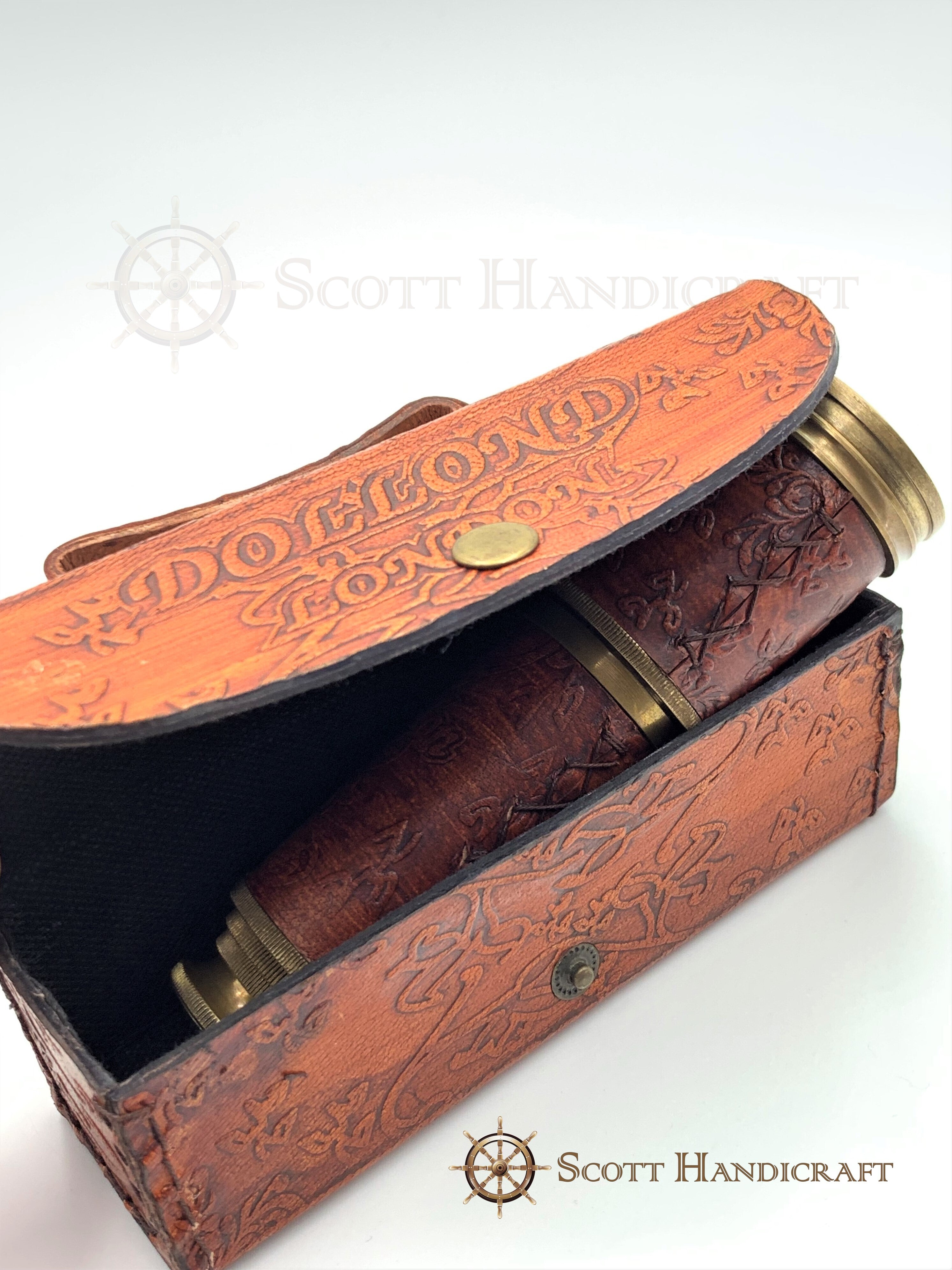 Scott Handicraft-Brass & Leather Dolland London 1920  model Nautical Telescope with Leather Box