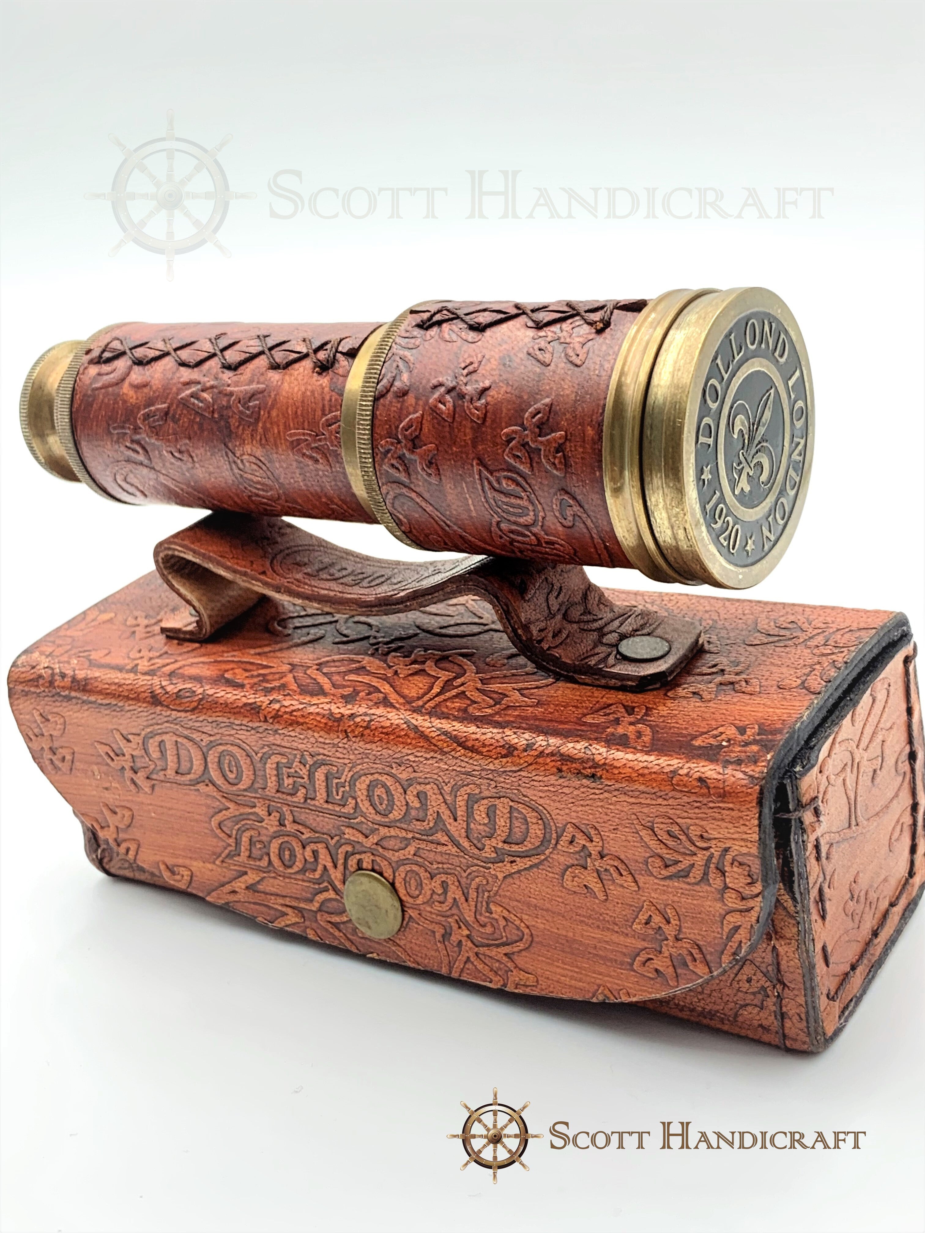 Scott Handicraft-Brass & Leather Dolland London 1920  model Nautical Telescope with Leather Box