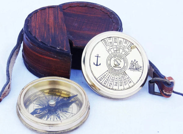 Nautical Anchor Calendar Brass Compass with Leather Bag