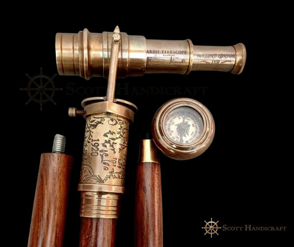 Brass Telescope & Compass Handle walking cane