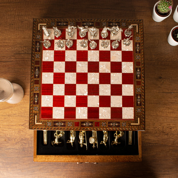 Chess Board Set w/ Pieces Hidden in Table Top Nautical Old World