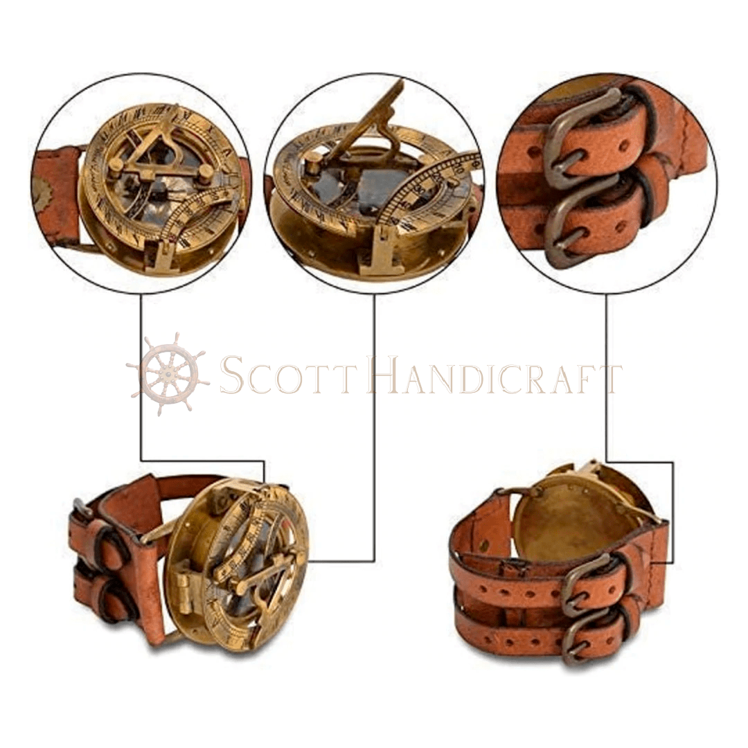 Brass Nautical Antique Steampunk Sundial Compass Wrist Watch W/Leather Bracelet.