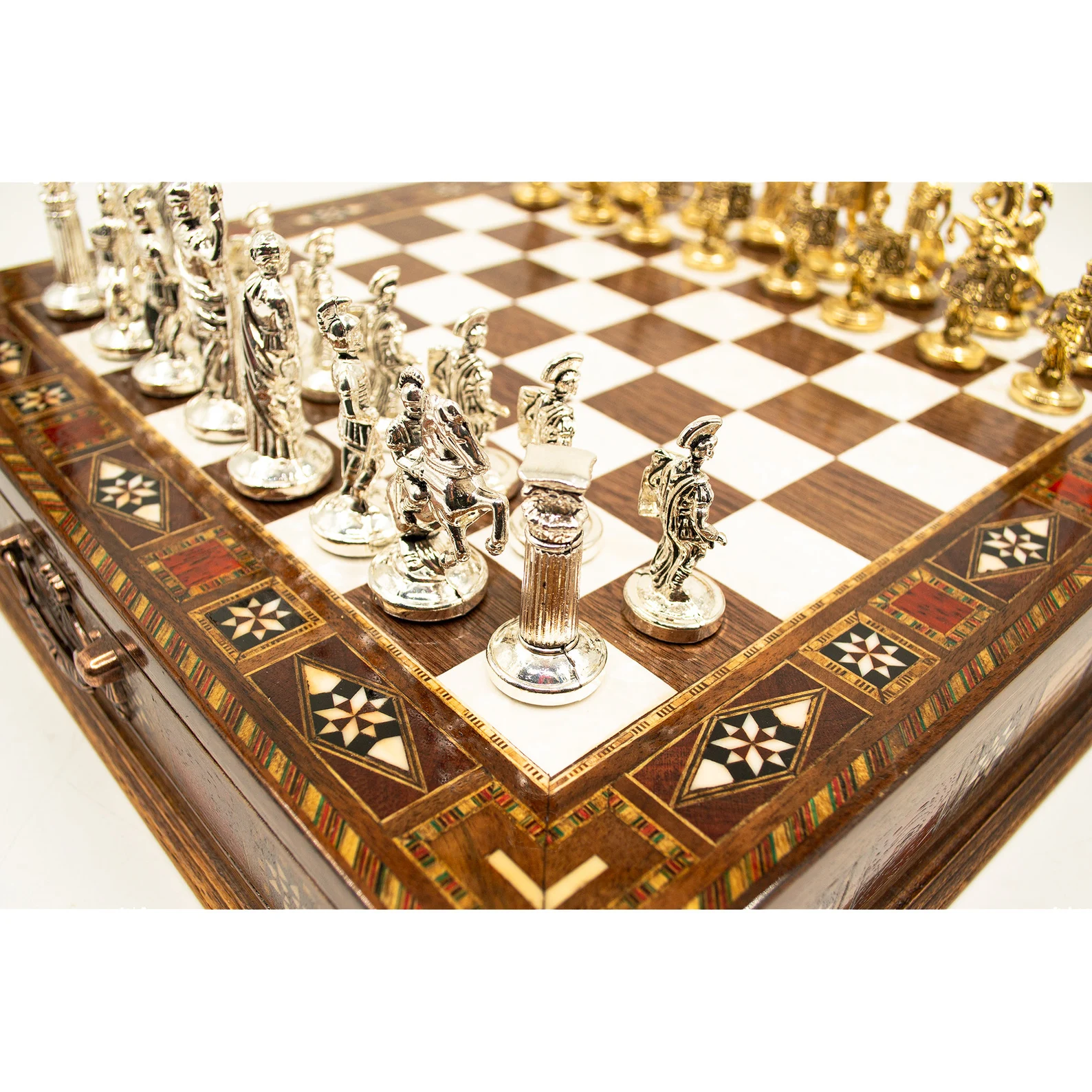 Premium Chess Set with Board Handmade Wooden Chess Board with Storage Metal Theme Chess Pieces